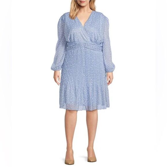 ALEX MARIE Blue Polka Dot Long Sleeve Dress Knee Length Chiffon Plus Size 20W - Picture 1 of 12